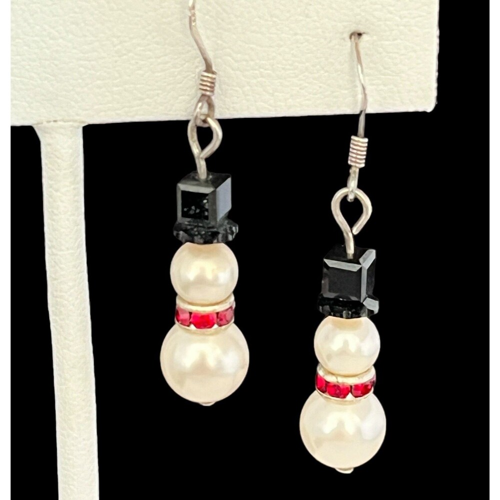 Vintage 1990s Snowman Dangle Earrings Glass Bead Faux Pearl Silver Tone - 2I